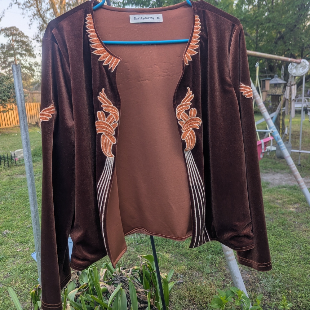 SHEIN Brown Velvet Embroidered Open Cardigan